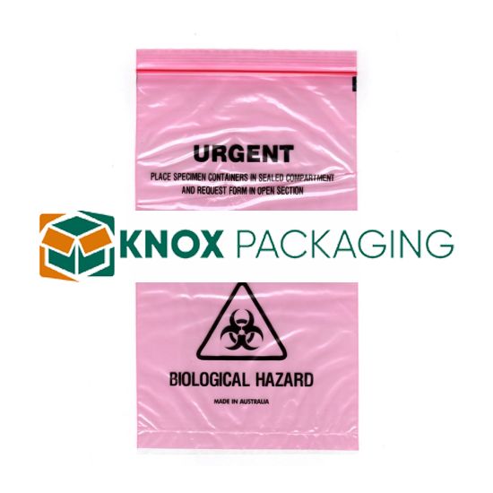 100x Red Tint URGENT Specimen Bag 160x255mm 45um